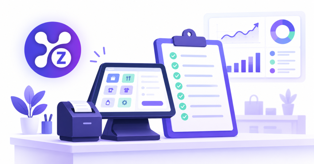 Checklist for choosing a POS system for a small business next to a dashboard