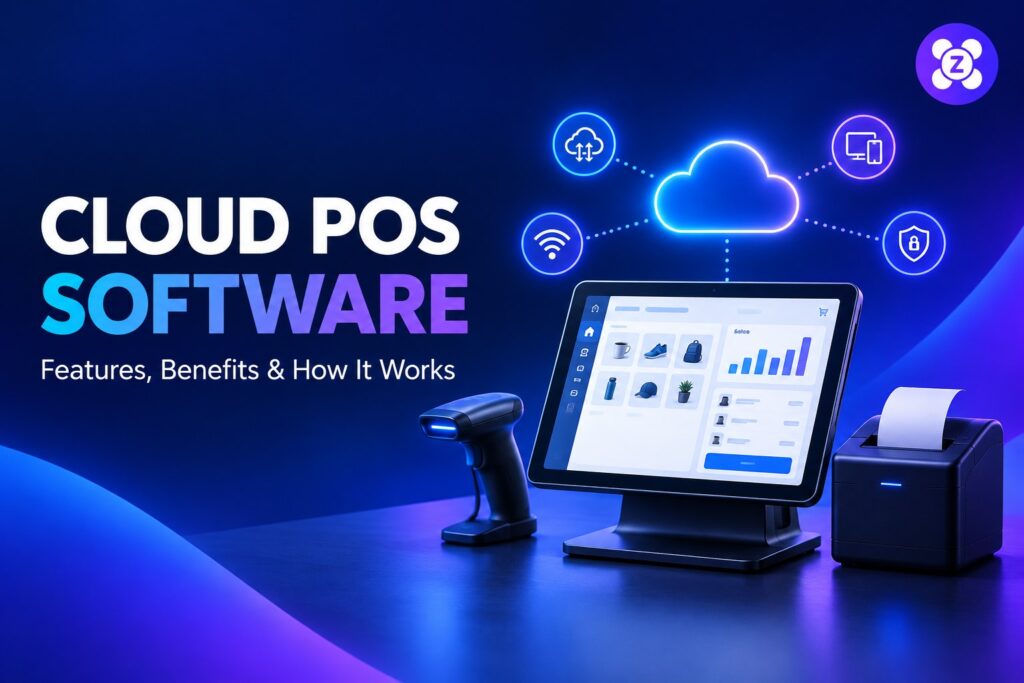 Zolva branded cloud POS software thumbnail showing checkout equipment and cloud-connected sales dashboard