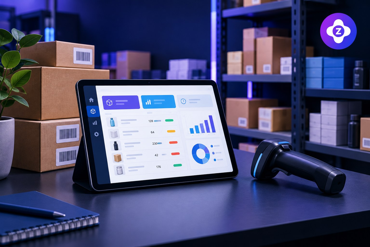Zolva branded POS inventory management thumbnail with stock dashboard and barcode scanner