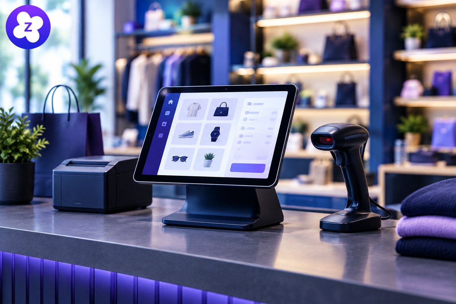 Zolva branded retail POS system thumbnail with checkout tablet and barcode scanner